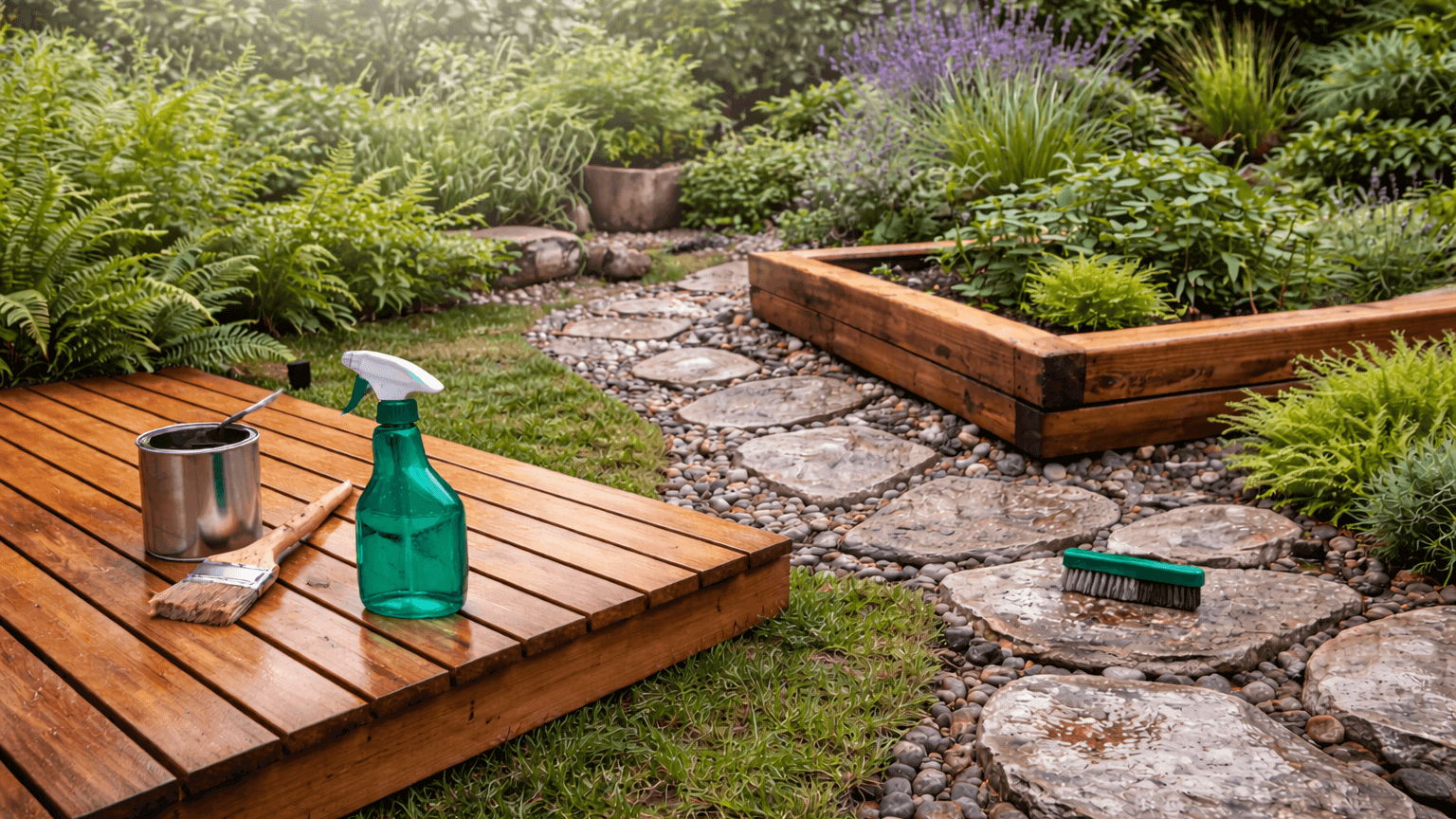 perawatan elemen kayu dan batu alam taman 1