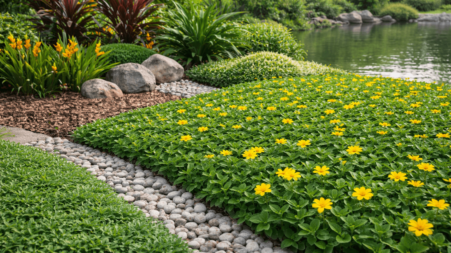 tanaman groundcover di taman dengan batu pijakan 1